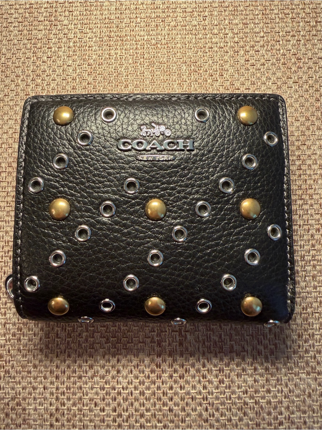 Coach Black Leather Studded Card Holder With Gold  Silver Accents